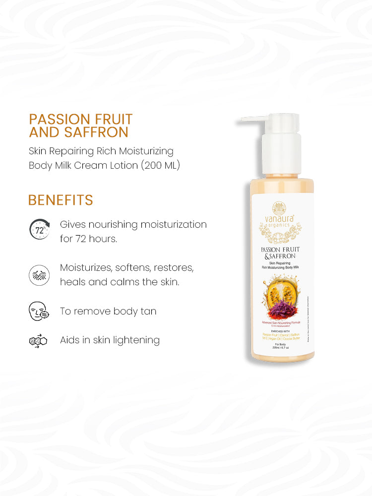 Passion Fruit and Saffron Skin Repairing Rich Moisturizing Body Milk Cream Lotion 200 ML